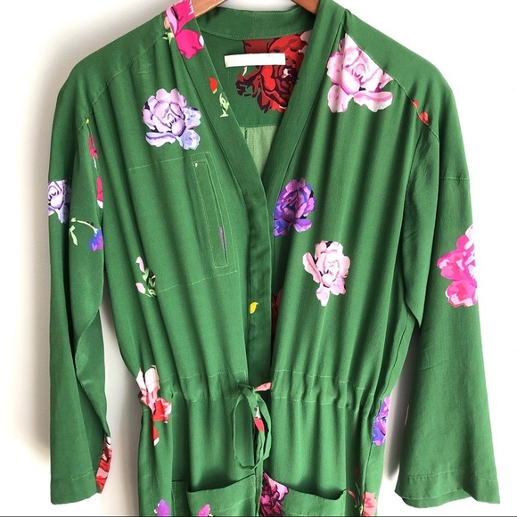 Creatures of Comfort Green Floral Jumpsuit Silk Long Sleeve Boho - Picture 5 of 16
